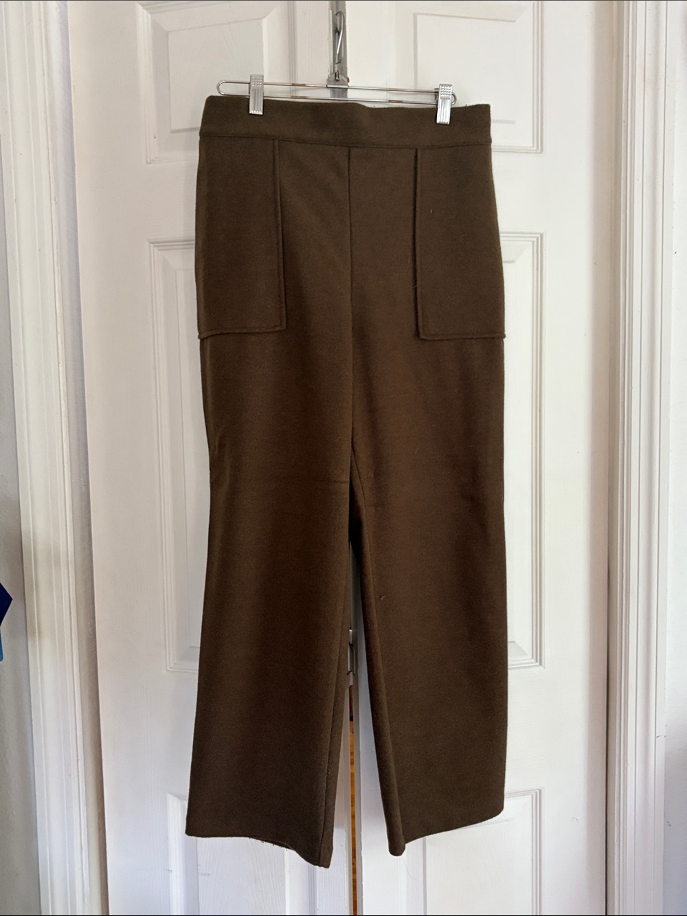 Blank NYC Chocolate Brown Straight-Leg Knit Pants with Patch Pockets